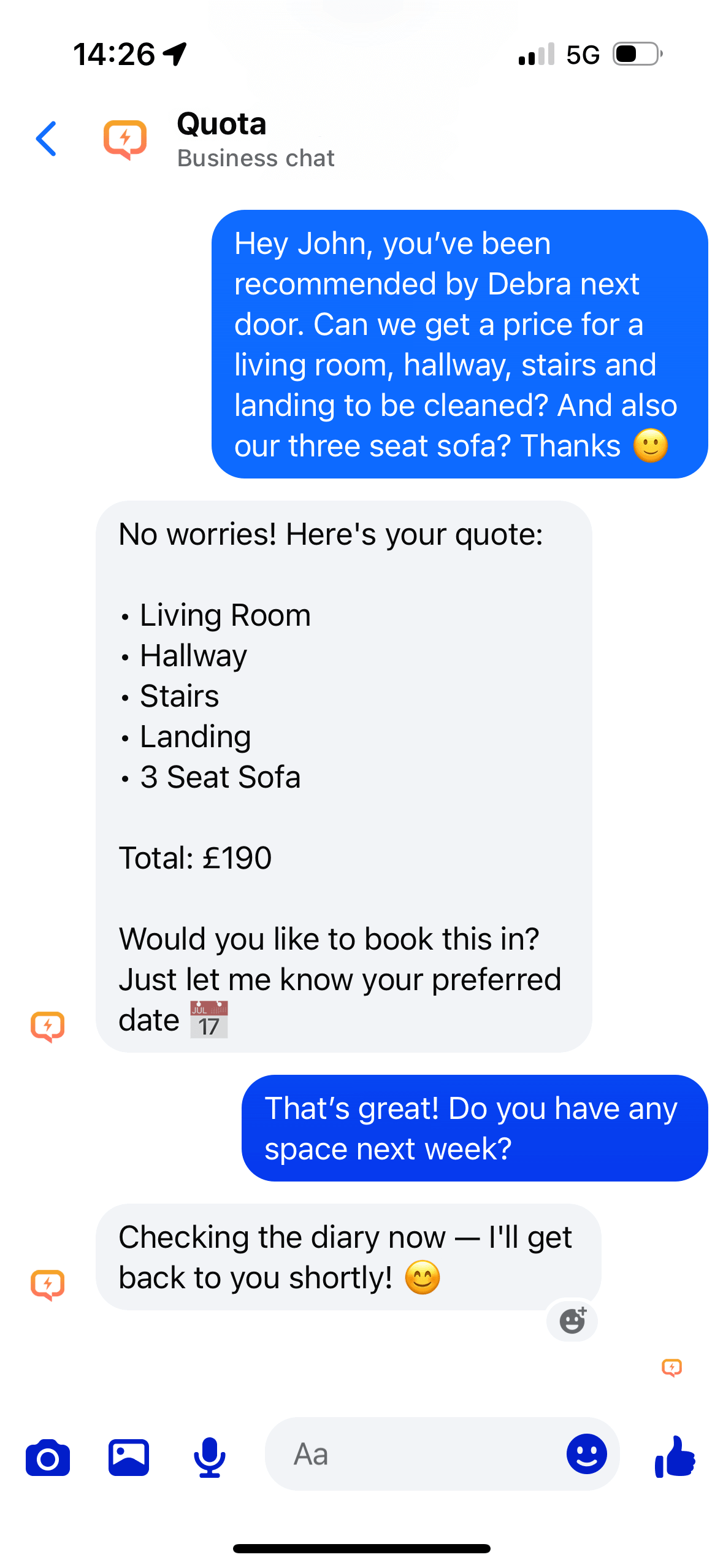 Quota conversation showing instant quote