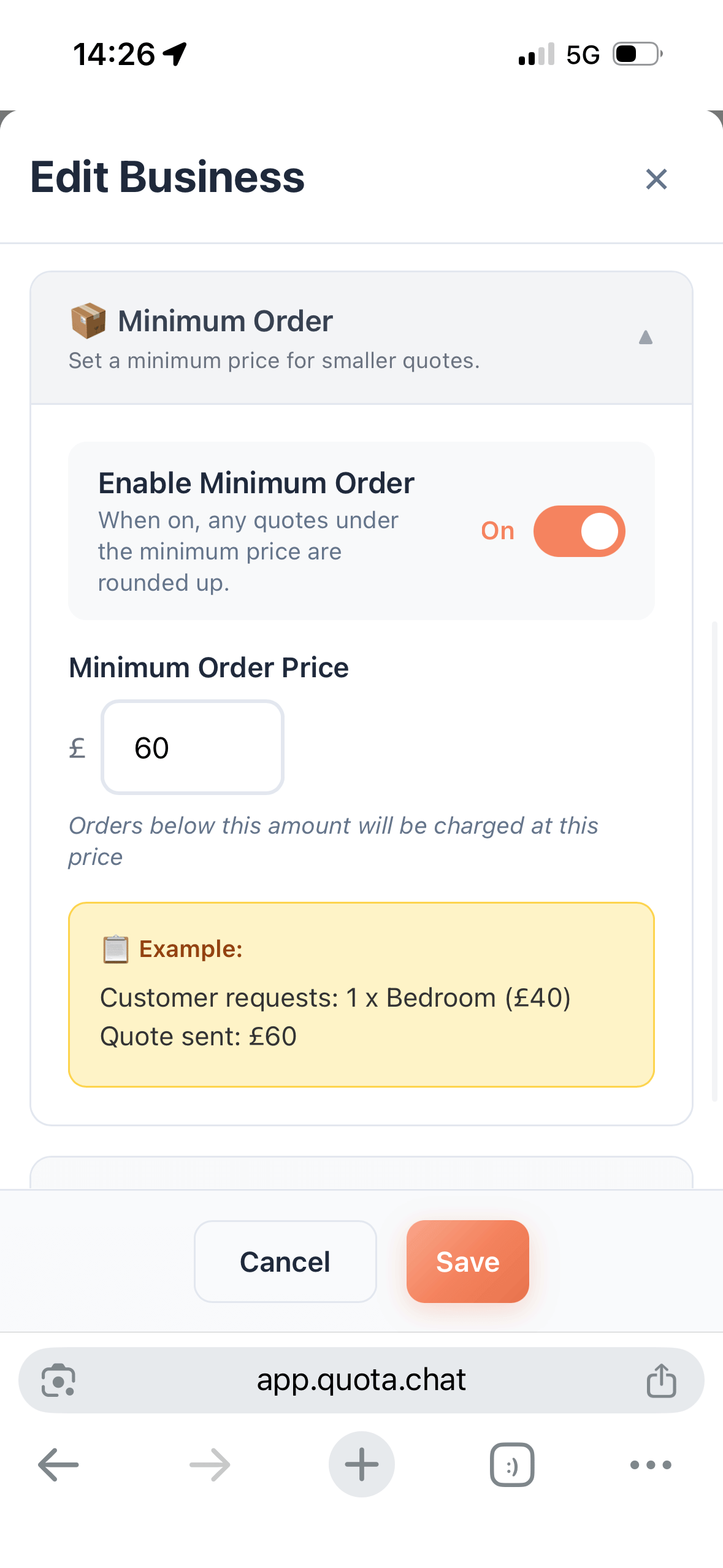 Minimum order setting in dashboard