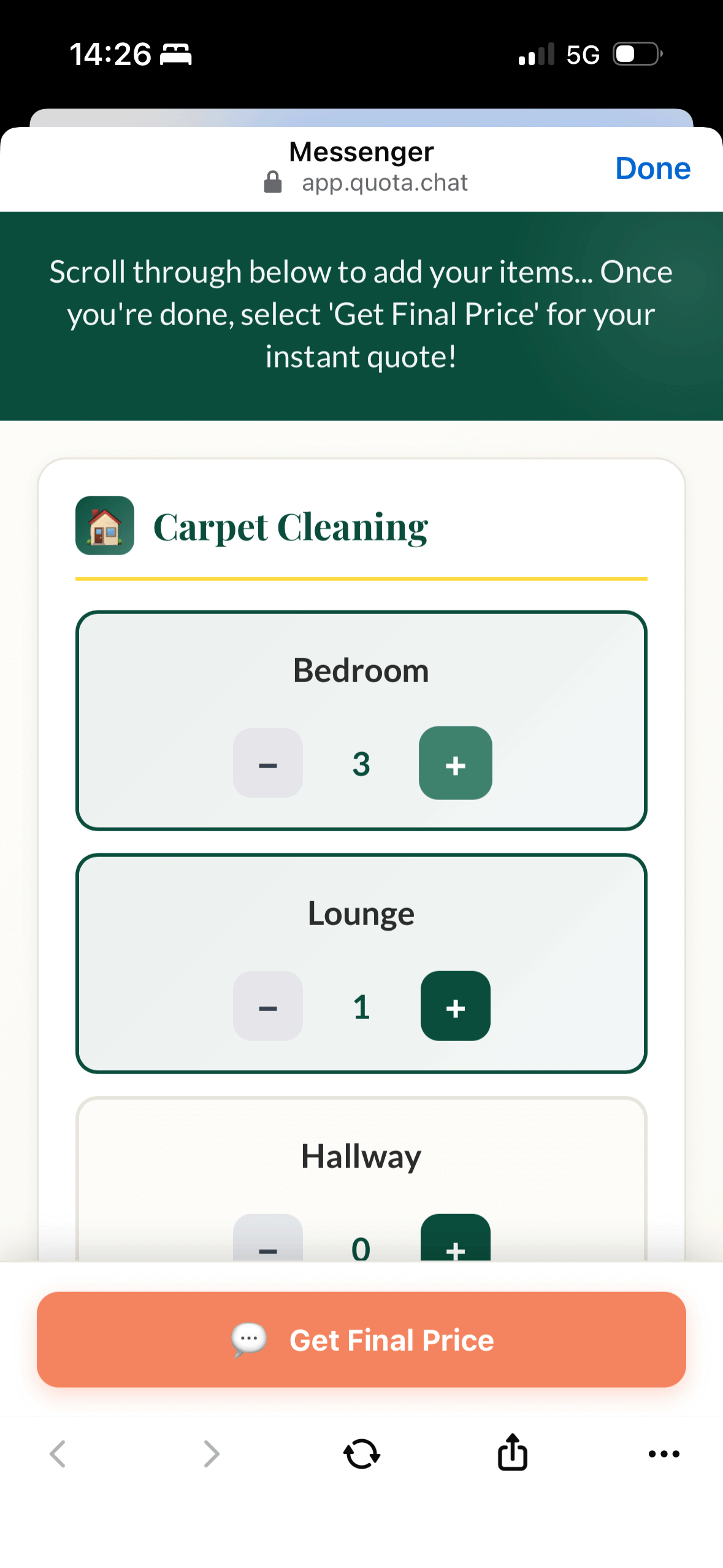 Quota webview for selecting services